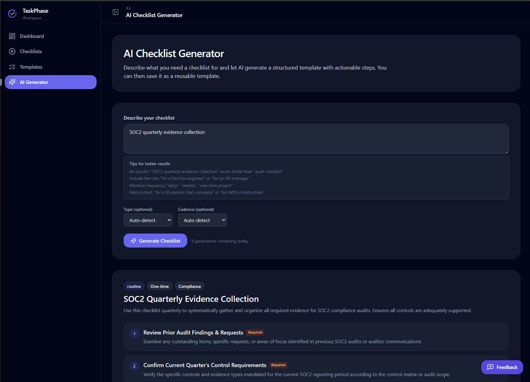 TaskPhase AI Checklist Generator - describe a process and get a structured checklist in seconds
